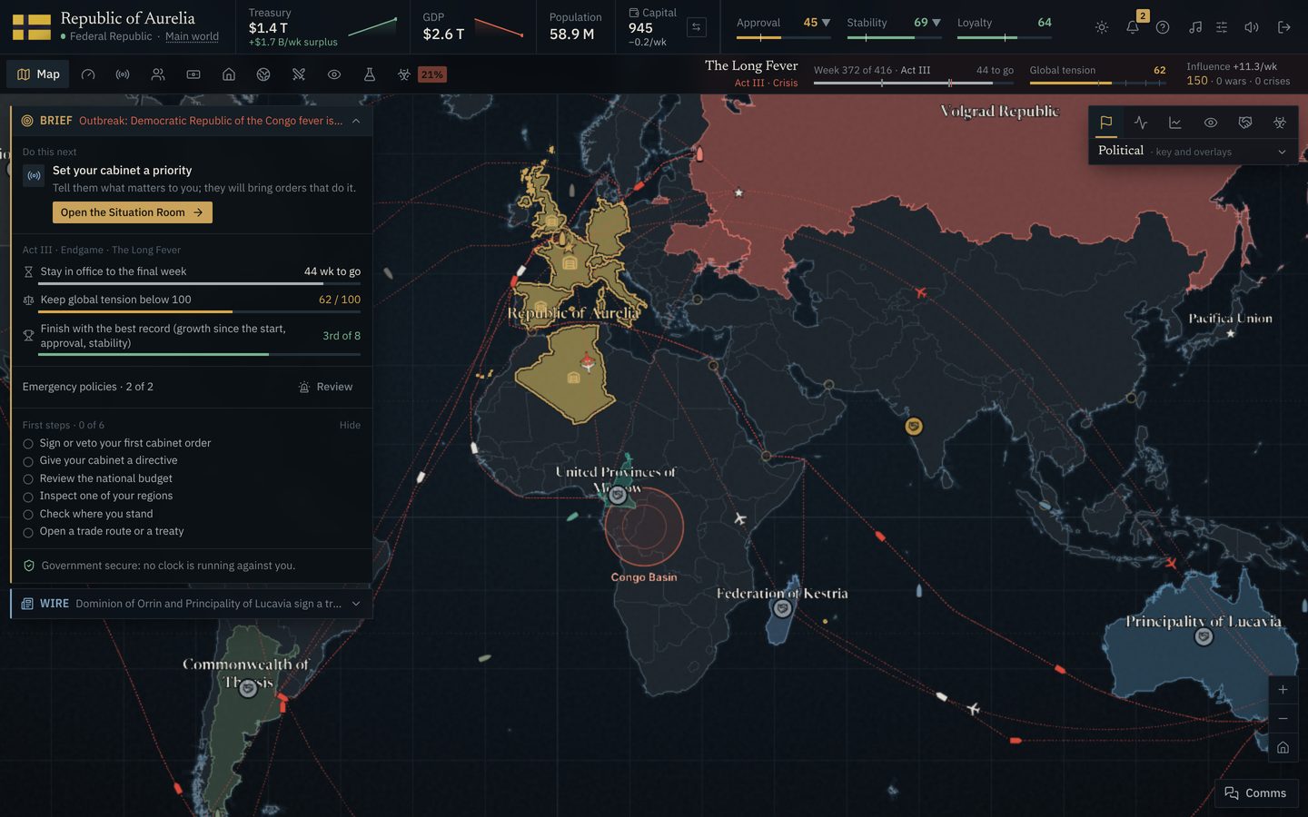 A live match: the player's nation in gold across Europe and North Africa, rival nations around it, shipping lanes and aircraft.