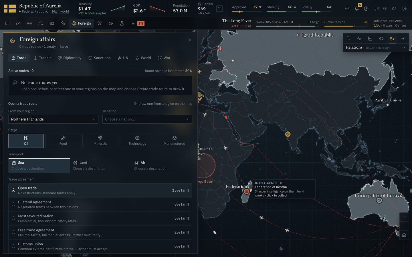 The Foreign affairs panel open on the trade tab